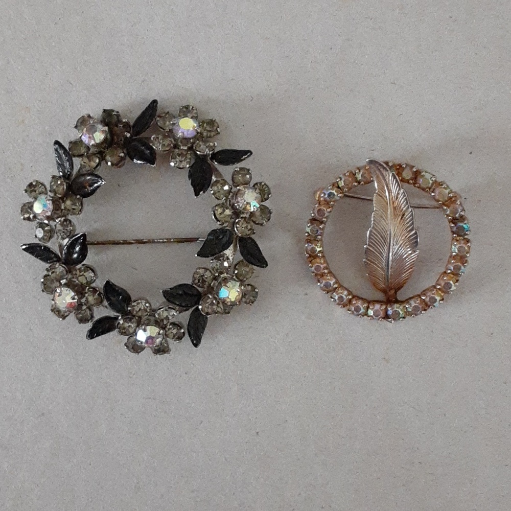 Vintage Two Crystal Floral Wreath Brooches - Iridescent Clear